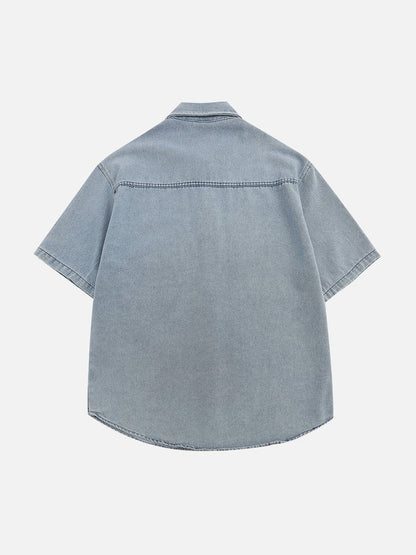 Wohnix - Cartoon Stickerei Denim Kurzarmhemden 1