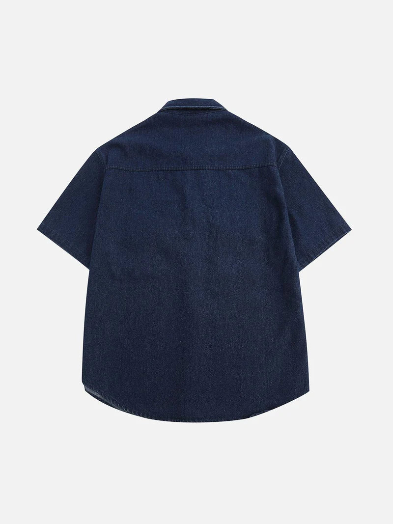 Wohnix - Cartoon Stickerei Denim Kurzarmhemden 3