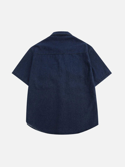 Wohnix - Cartoon Stickerei Denim Kurzarmhemden 3